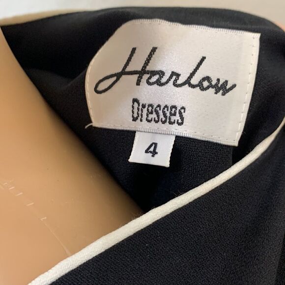 Harlow Dresses Sz 4 Black White Piping Mini Side Tie Wrap Long Sleeves Slimming - Picture 6 of 8